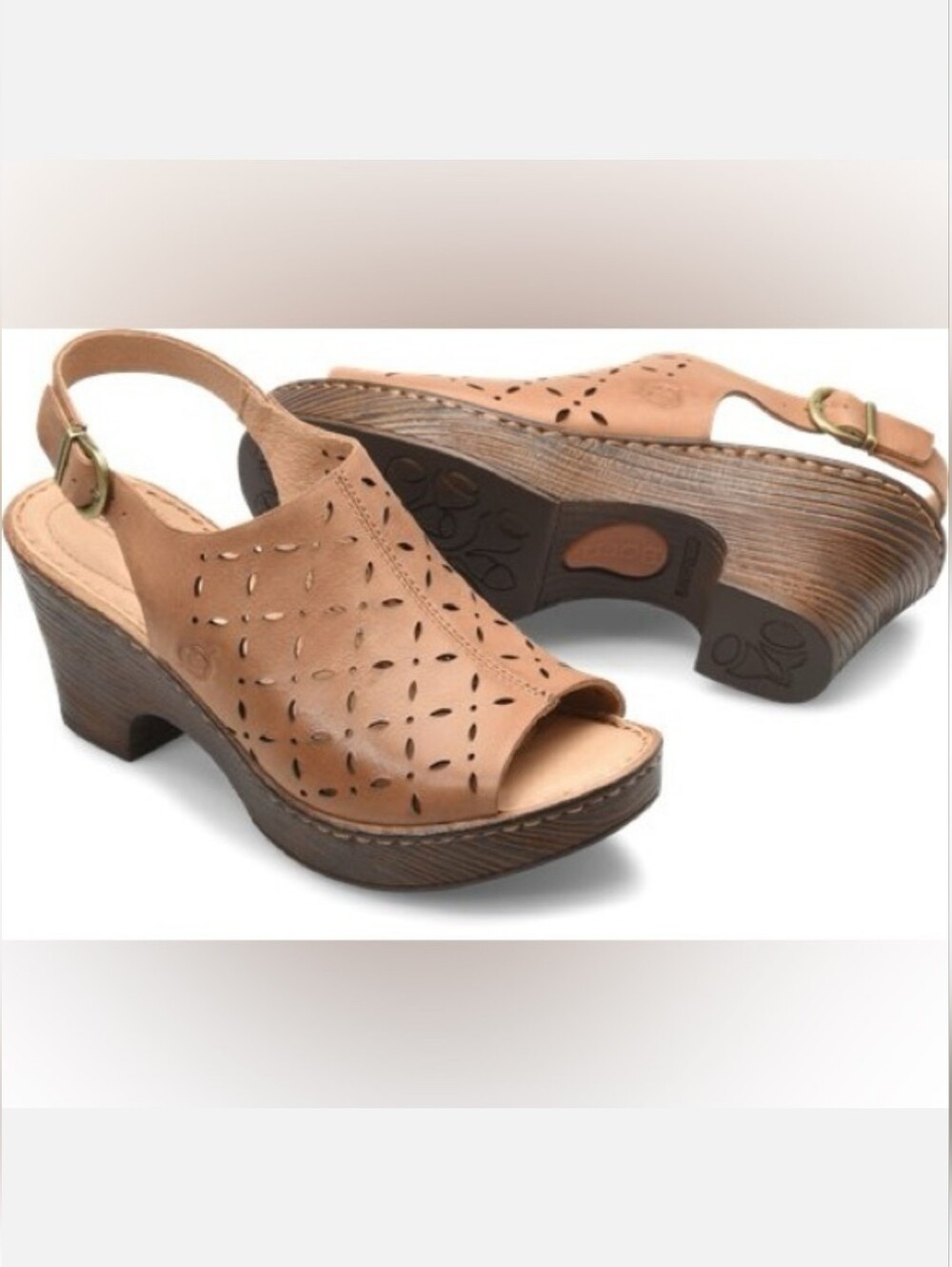 BORN Tan Leather Perforated Wedge Sandals - Picture 11 of 12